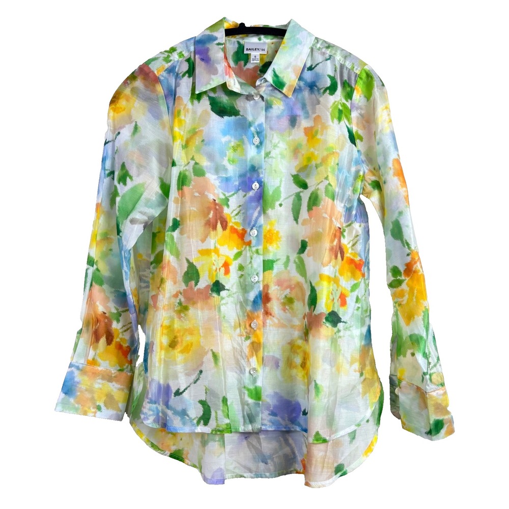 Bailey/44 S Multicolor Floral‎ Watercolor Button Up Blouse Garden Semi Sheer